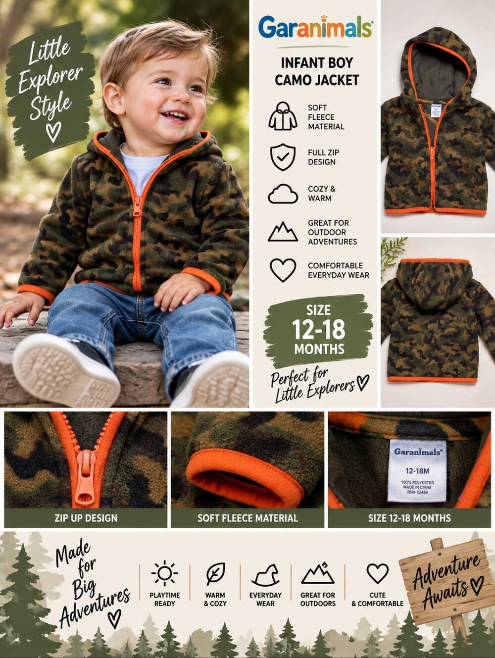 Garanimals infant boy 18m green camo zip up jacket #35
